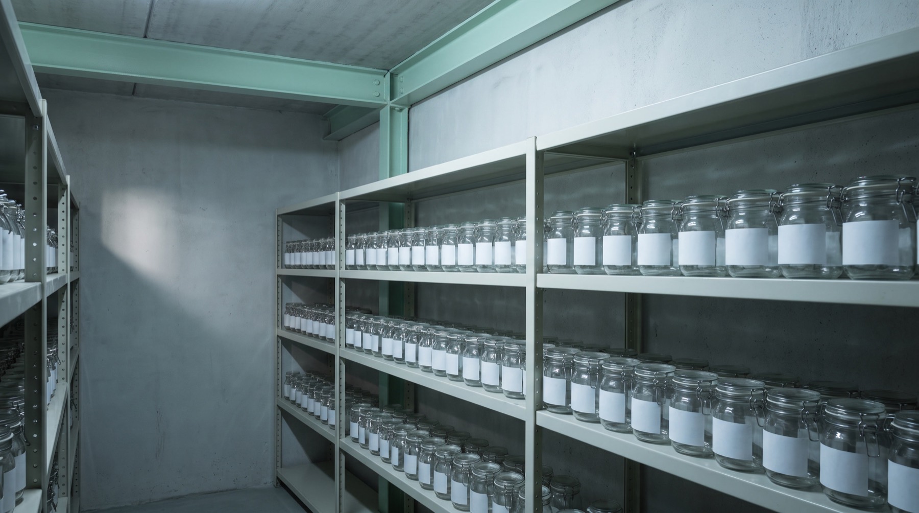 A shelf of small sealed storage jars with blank white labels, arranged in rows in a cool dim room